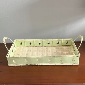Serving tray with duck, cut outs, vintage metal and wicker with handles